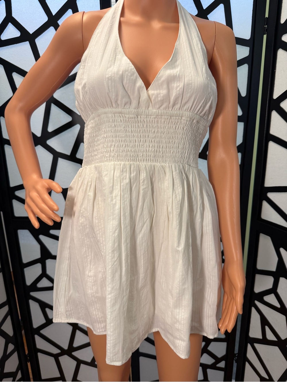 No Boundaries white smocked V-neck halter mini dress romper NWT